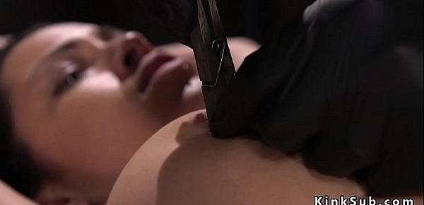  Babe big tits clamped and pussy fucked